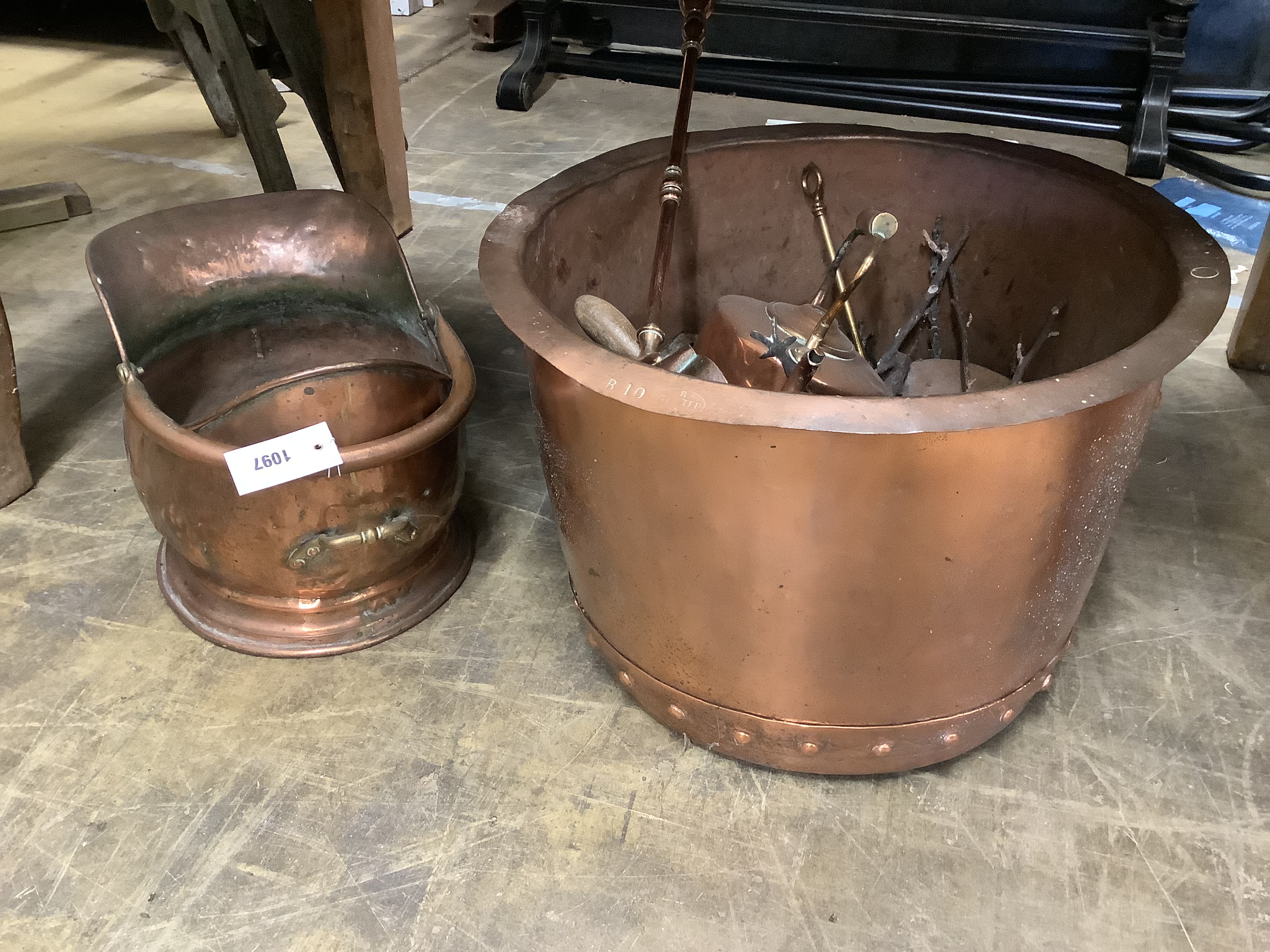 A Victorian copper copper, 49cm diameter, coal scuttle, kettle and assorted implements
